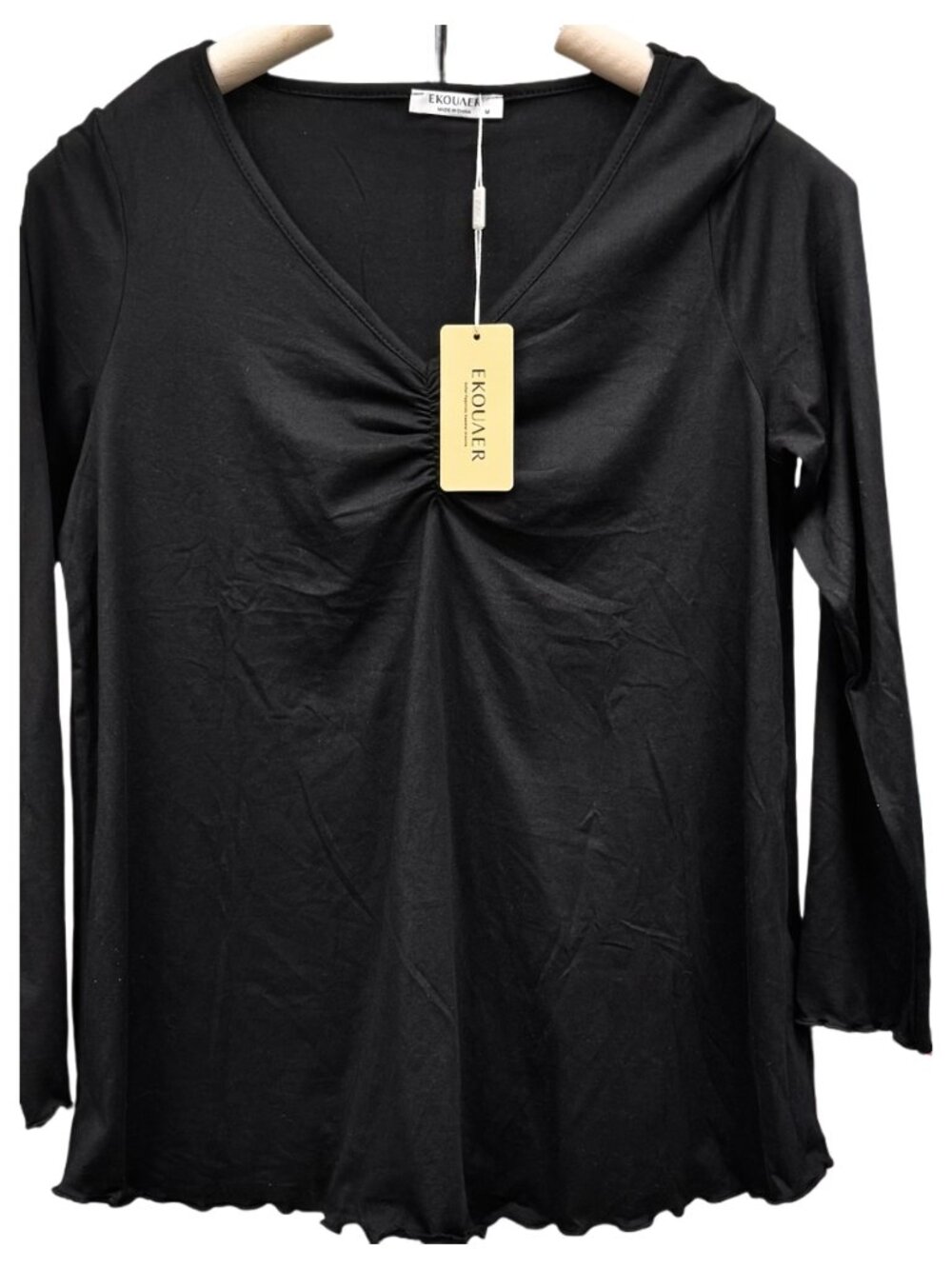 Ekouaer Black Ruched Vneck Lightweight Stretch Long Sleeve Subtle Ruffle Hem NEW